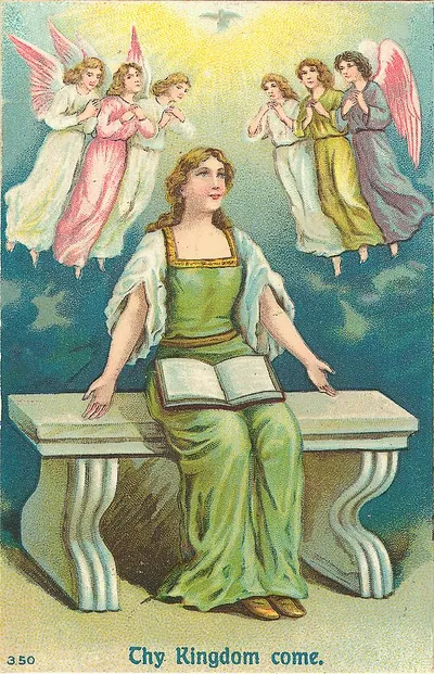 Religious postcard: woman on bench with angels, "Thy Kingdom come