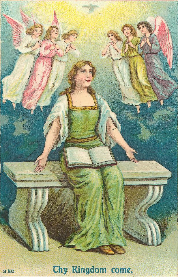 Religious postcard: woman on bench with angels, "Thy Kingdom come — vintage postcard