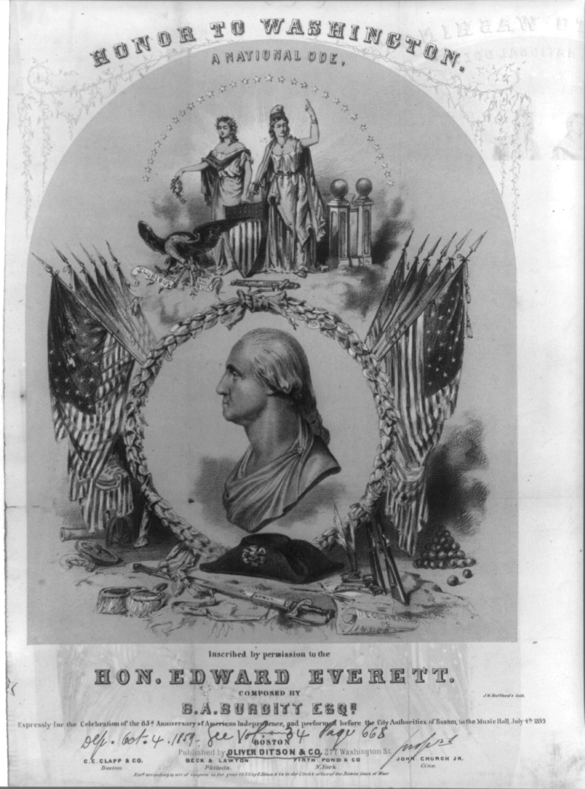 Honor to Washington. A national ode, Boston : Published by Oliver Ditson & Co., 1859. — antique lithograph