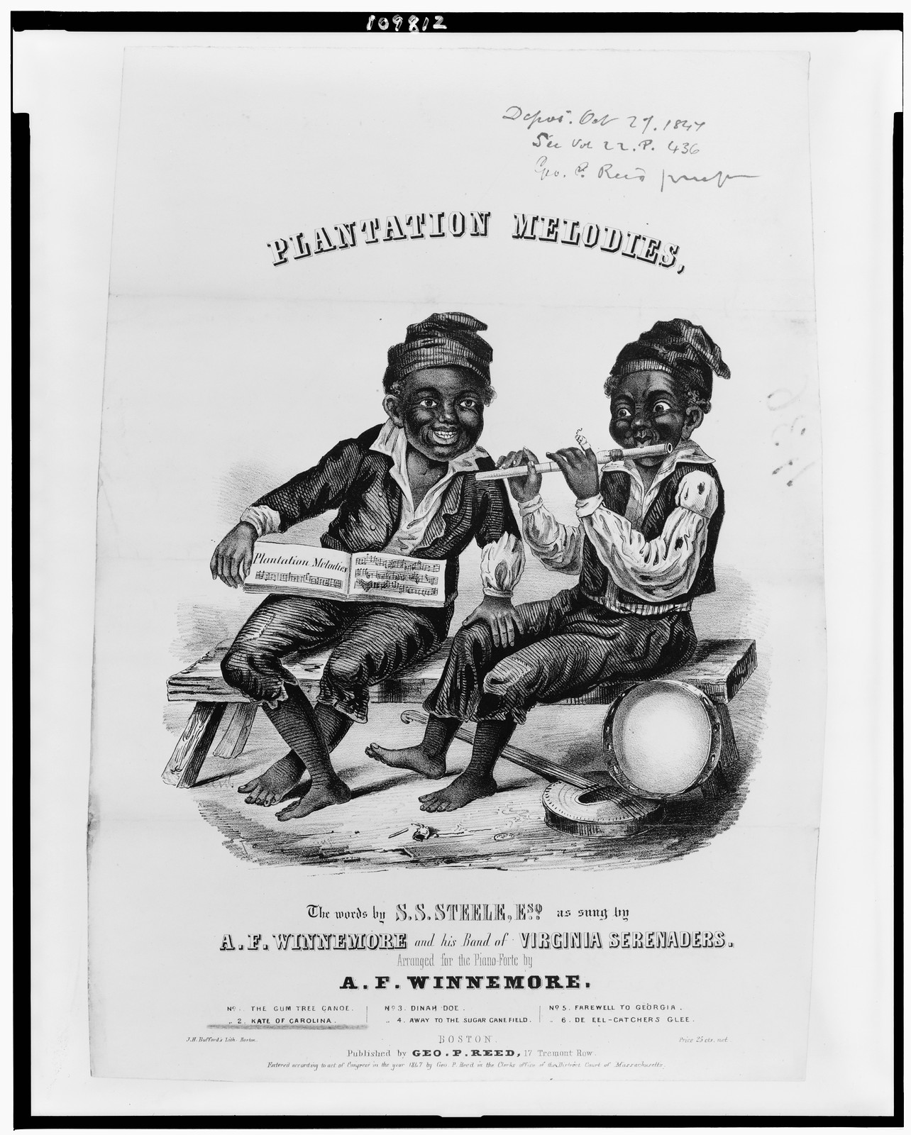 Plantation melodies / J.H. Bufford's lith., Boston., Boston : published by Geo. P. Reed, c1847. — antique lithograph