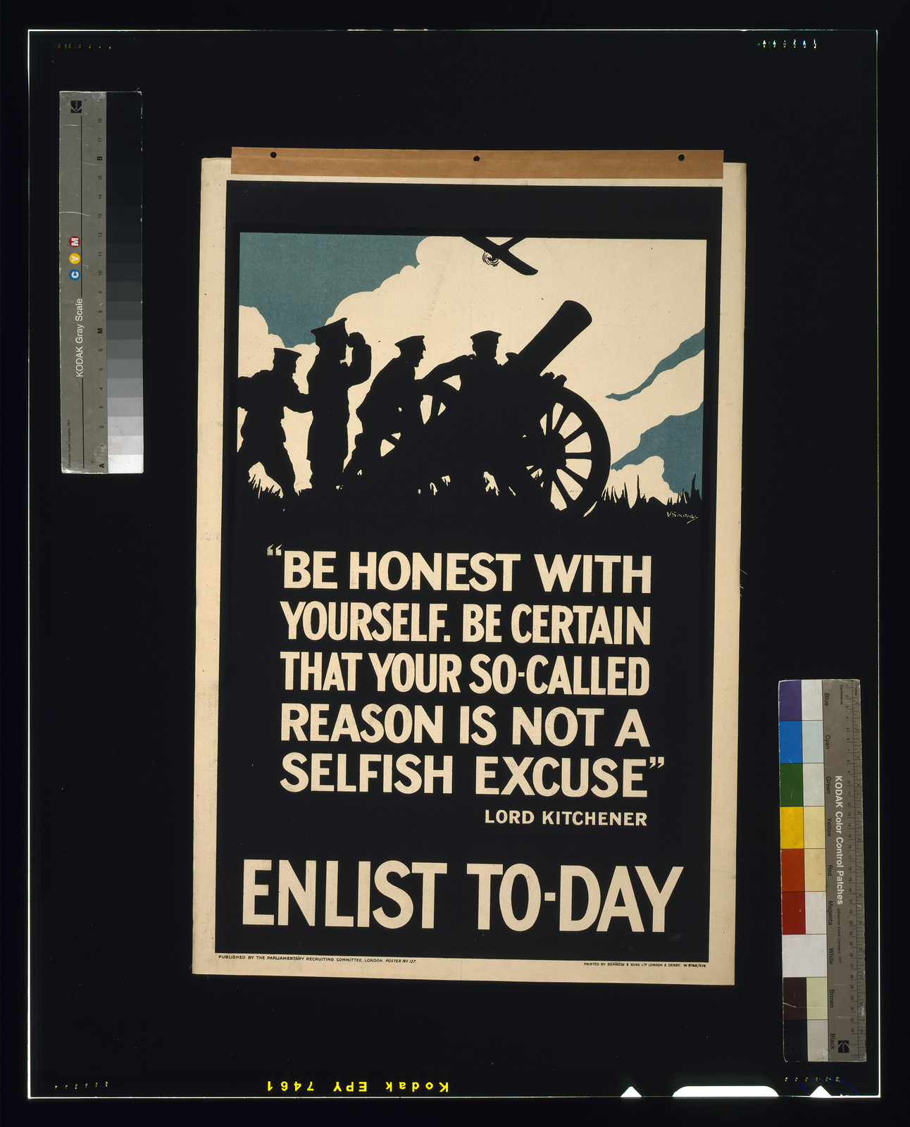 Be honest with yourself. Be certain that your so-called reason is not a selfish excuse." Lord Kitchener. Enlist to-day / V. Sout[a?]y ; printed by Roberts & Leete Ltd. — vintage poster