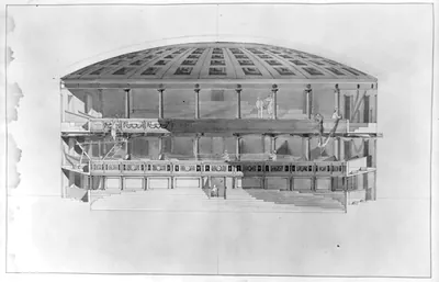 Cross-section drawing of a domed theatre interior with tiers