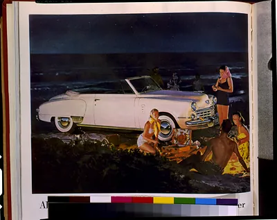 [Page of advertisement for Studebaker automobiles, showing a 1948 Studebaker convertible and people around campfire on beach]