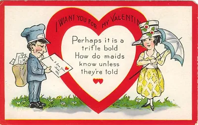 Vintage Valentine postcard with mailman and girl with umbrella