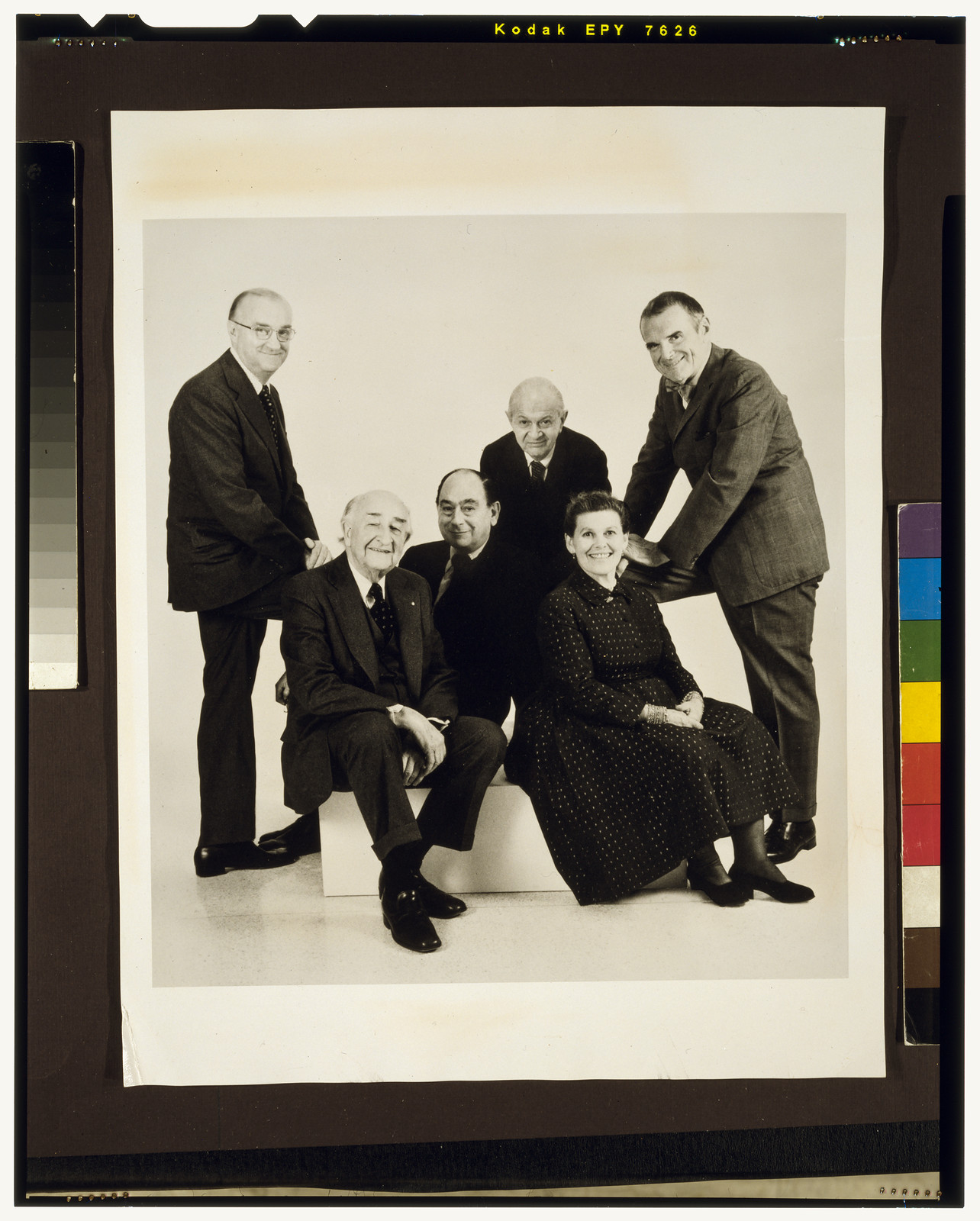 [Charles and Ray Eames, designers, in group portrait with Hugh De Pree, George Nelson, Alexander Girard, and another man at Walker Art Center opening in Minneapolis, MN], [1975] — historic photograph
