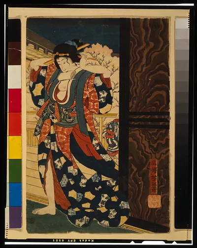 [An oiran with a paper kerchief in her mouth advances toward the left]