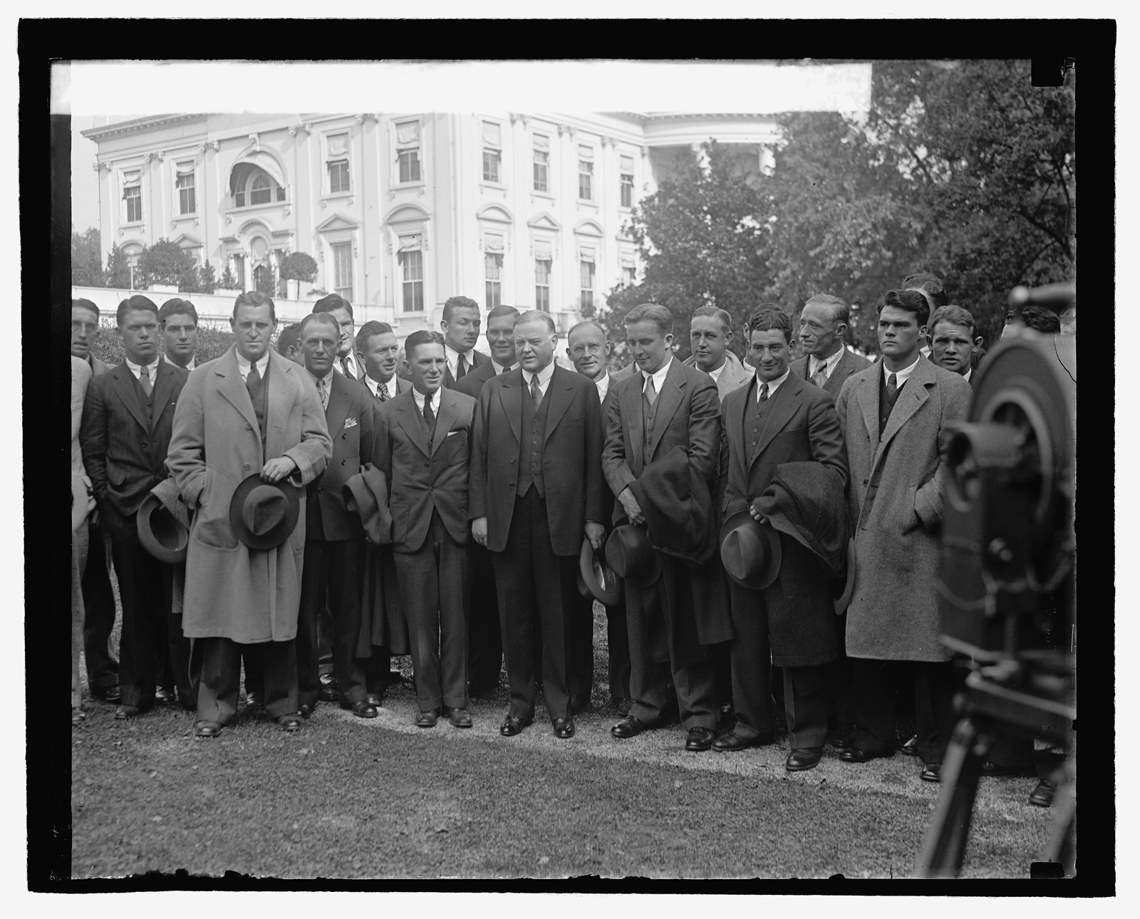 Hoover with Univ. of Cal. football team, 10/16/29, [19]29 October 16. — historic photograph