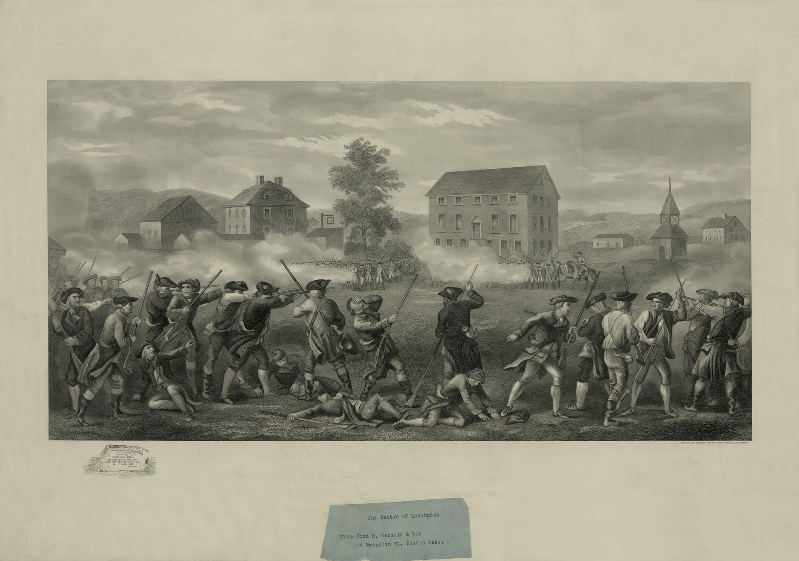 The Battle of Lexington, militia firing on a village green — historic image