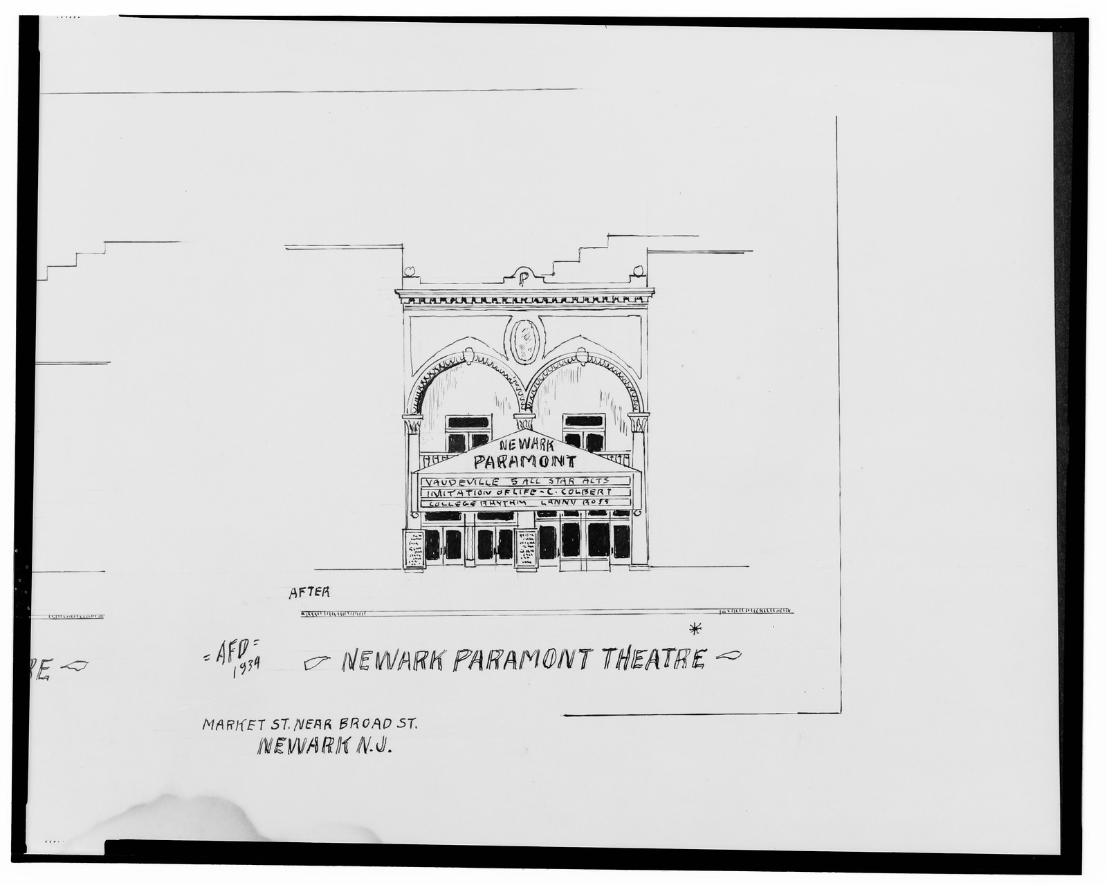 [Newark Theatre (before) and Newark Paramont Theatre (after), Market St. near Broad St., Newark, New Jersey] / AFD 1934., And Engineering (ADE) Drawings — vintage poster