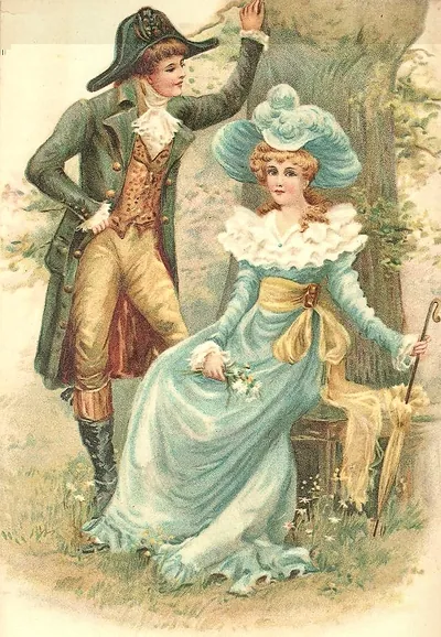 Courting couple in period dress beneath a tree