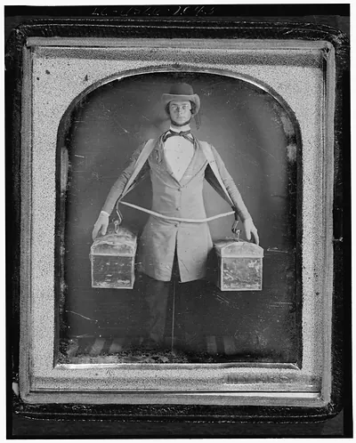 Daguerreotype occupational portrait of a peddler with two boxes
