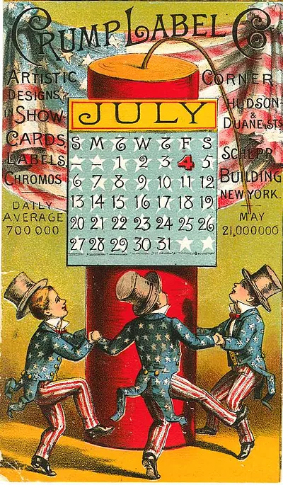 Crump Label advertising trade card with July calendar and dancing boys