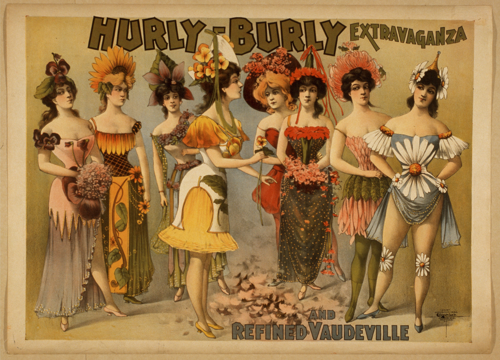 Hurly-Burly Extravaganza and Refined Vaudeville poster with floral-costumed women — vintage poster