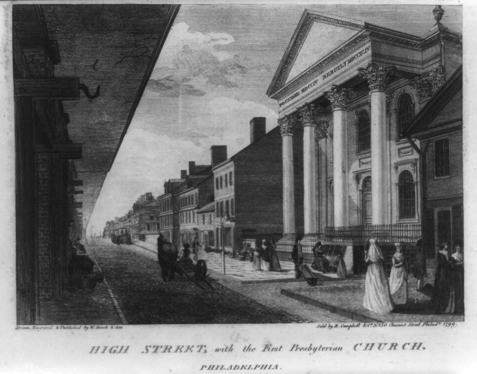 High Street, with the First Presbyterian Church - Philadelphia, 1800 — antique engraving