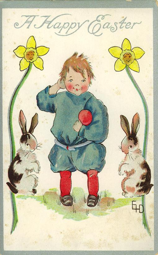 A Happy Easter postcard with a child and two rabbits — vintage postcard