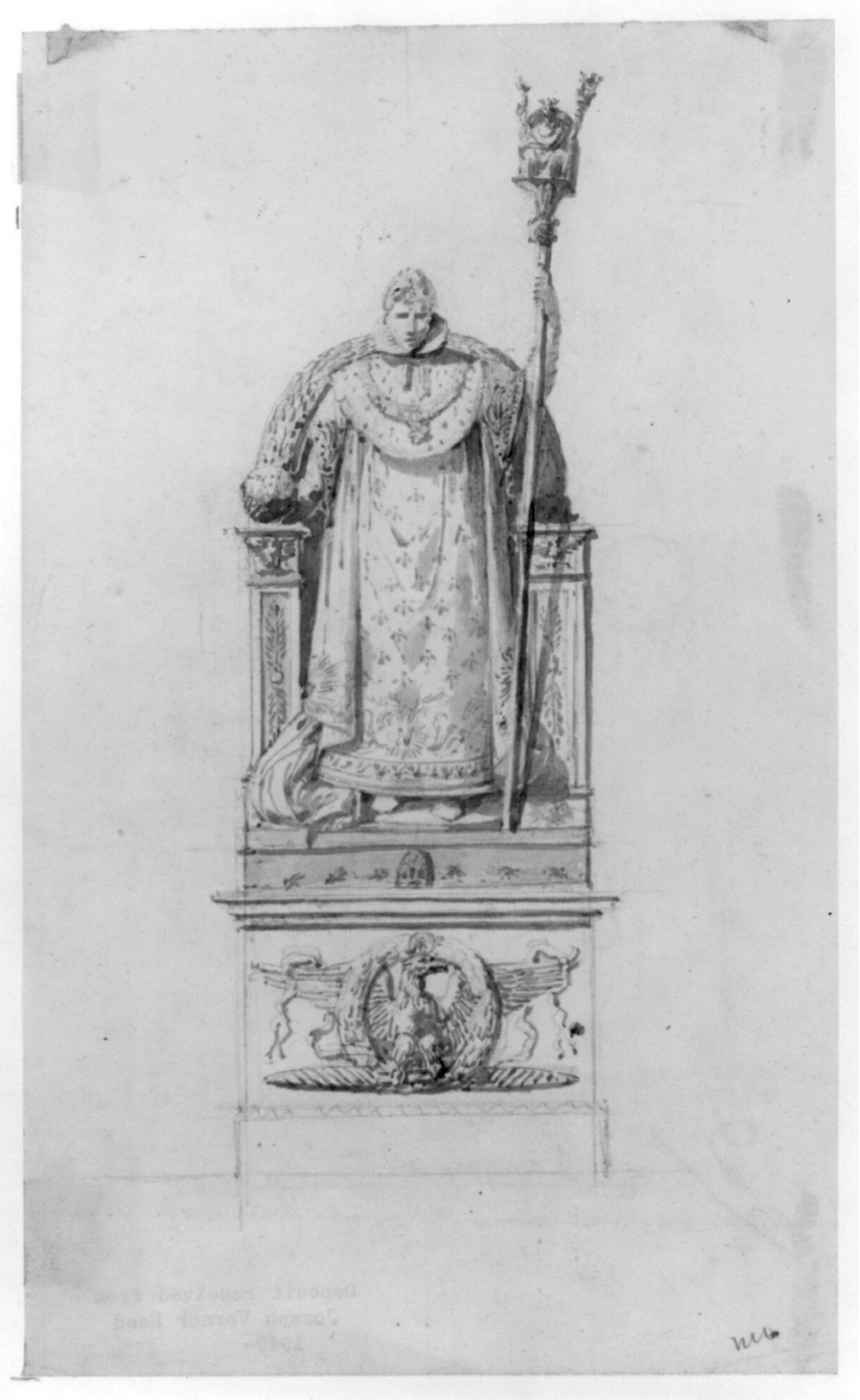 [Napoleonic figure standing on a throne holding a staff], [between 1789 and 1900?] — historic drawing