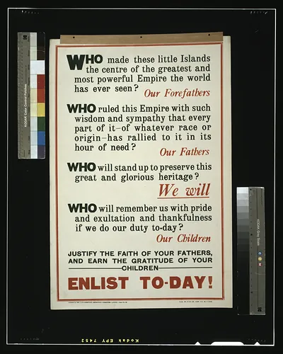 Who made these little islands the centre of the greatest and most powerful empire the world has ever seen? [...] Enlist to-day!