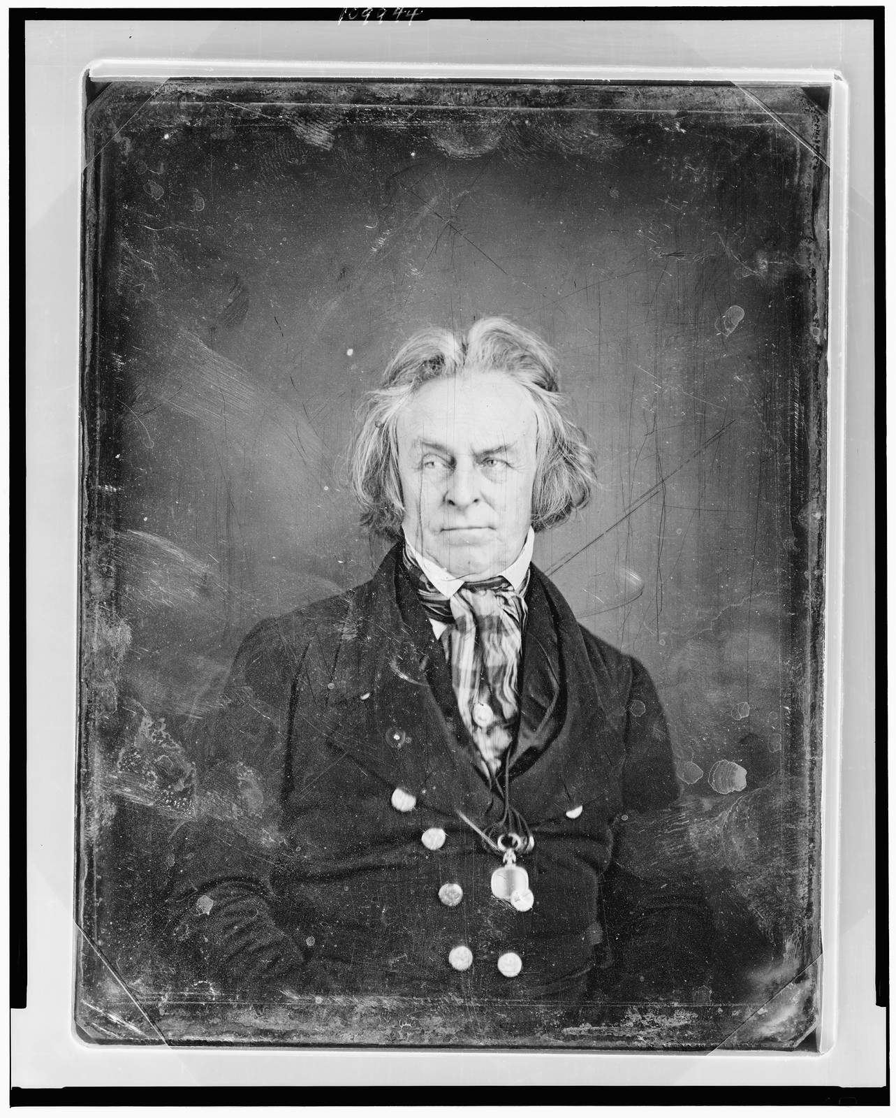 Portrait of an elderly man with tousled hair, daguerreotype, 1844 — historic photograph