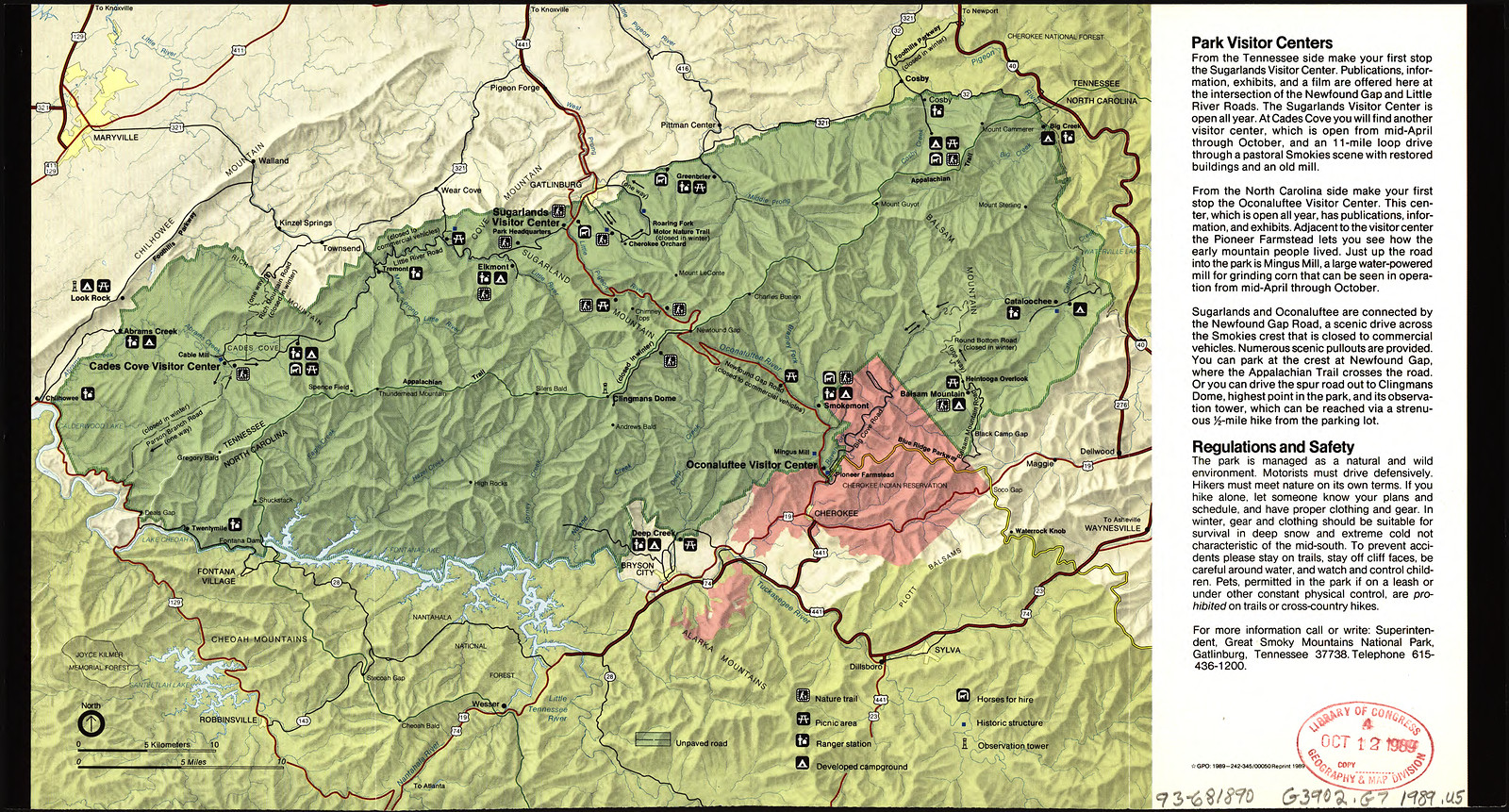 Great Smoky Mountains National Park visitor map, 1989 — antique map