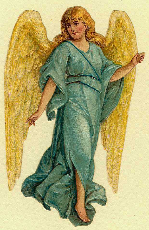 Winged angel in blue robe with golden wings — historic image