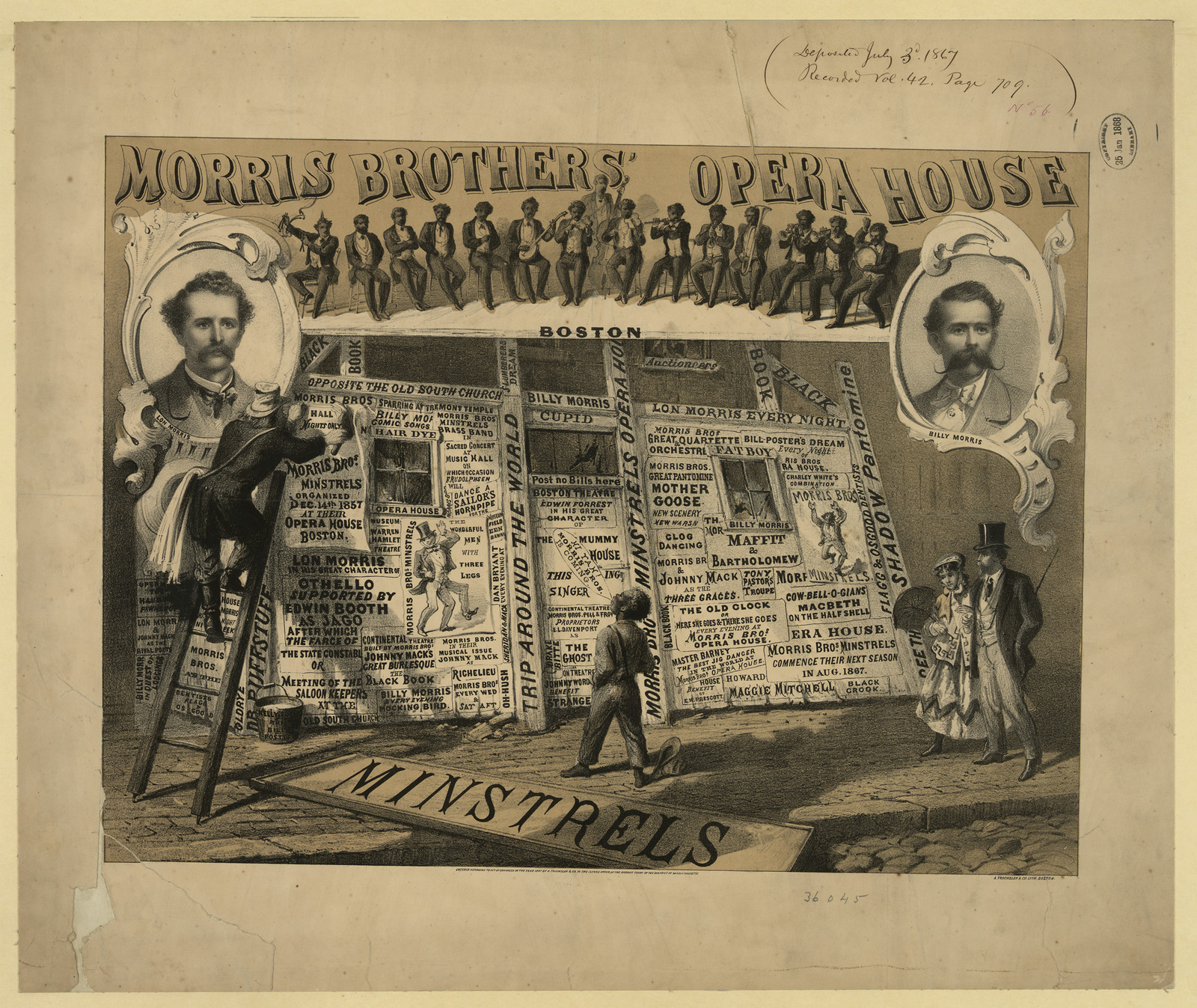 Morris Brothers' Opera House, Boston, minstrels lithograph — antique lithograph