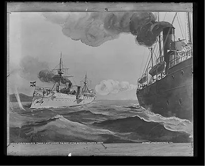 U.S.S. McCulloch firing a shot across the bow of the German cruiser Irene