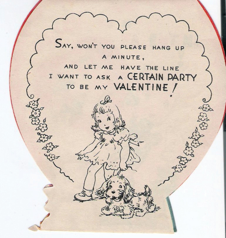 Valentine card: girl and puppy, 'Say, won't you please hang up a minute' — historic image