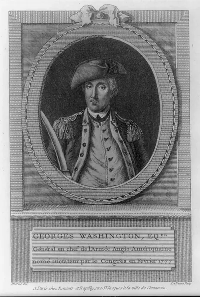 Georges Washington Equer. général en chef de l'armée Anglo-Amériquaine, nom̄é dictateur par le congrès en Fevrier 1777 / Desrais del ; LeBeau sculp.