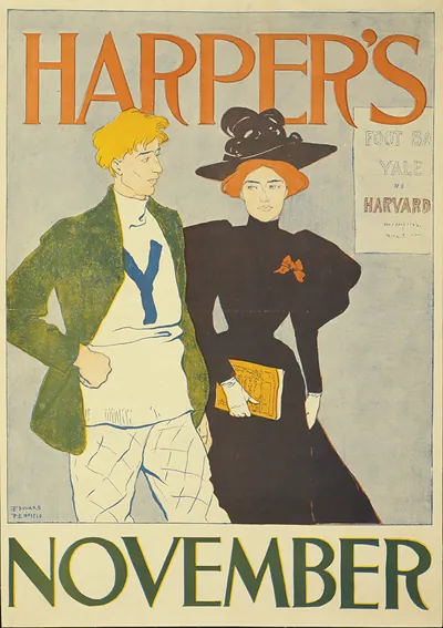 Harper's November poster with football figures, Yale and Harvard
