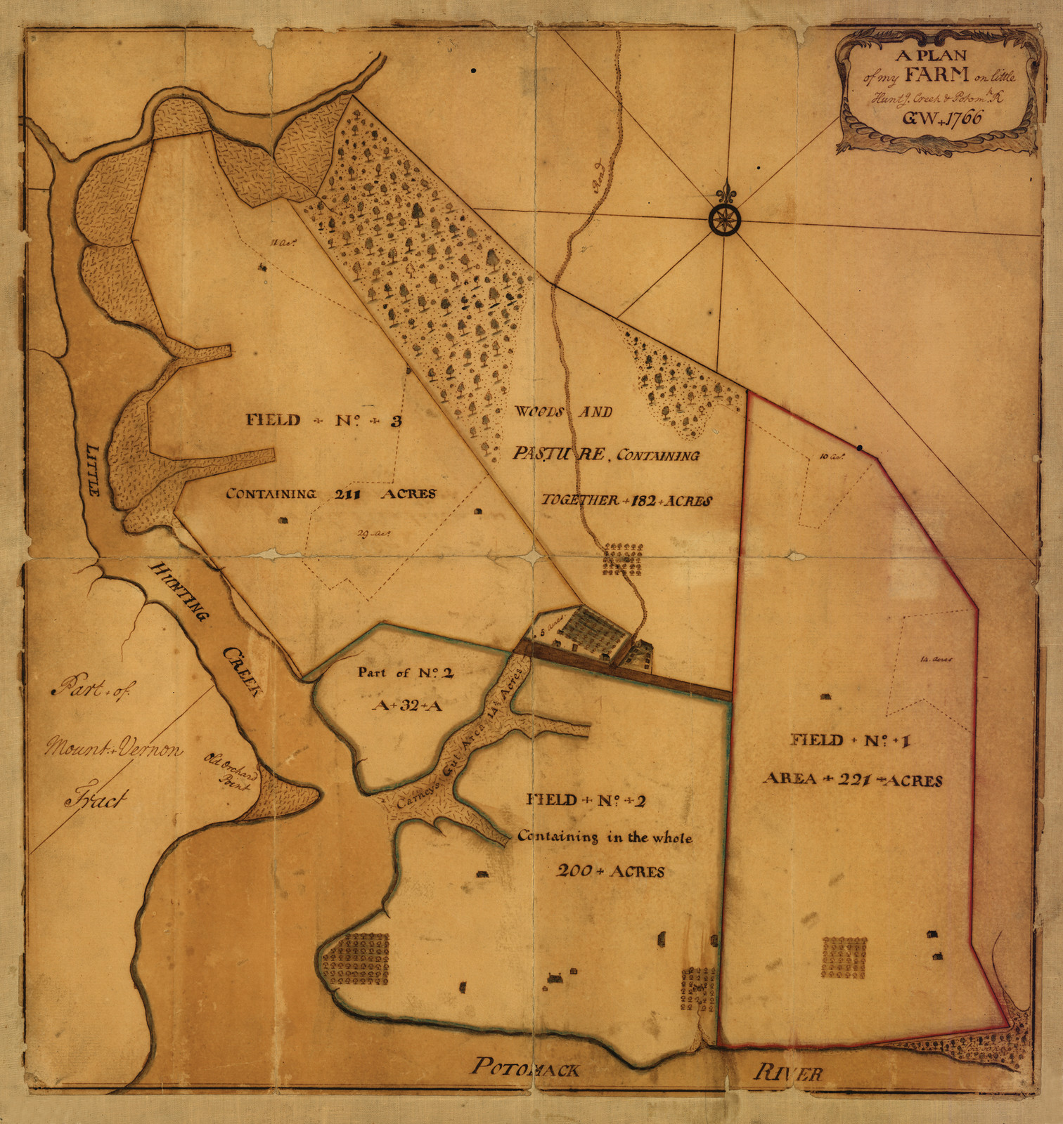 A Plan Of My Farm On Little Hunting Creek & Potomak R, G. W. Manuscript, pen-and-ink and watercolor, c. 1766 — antique map