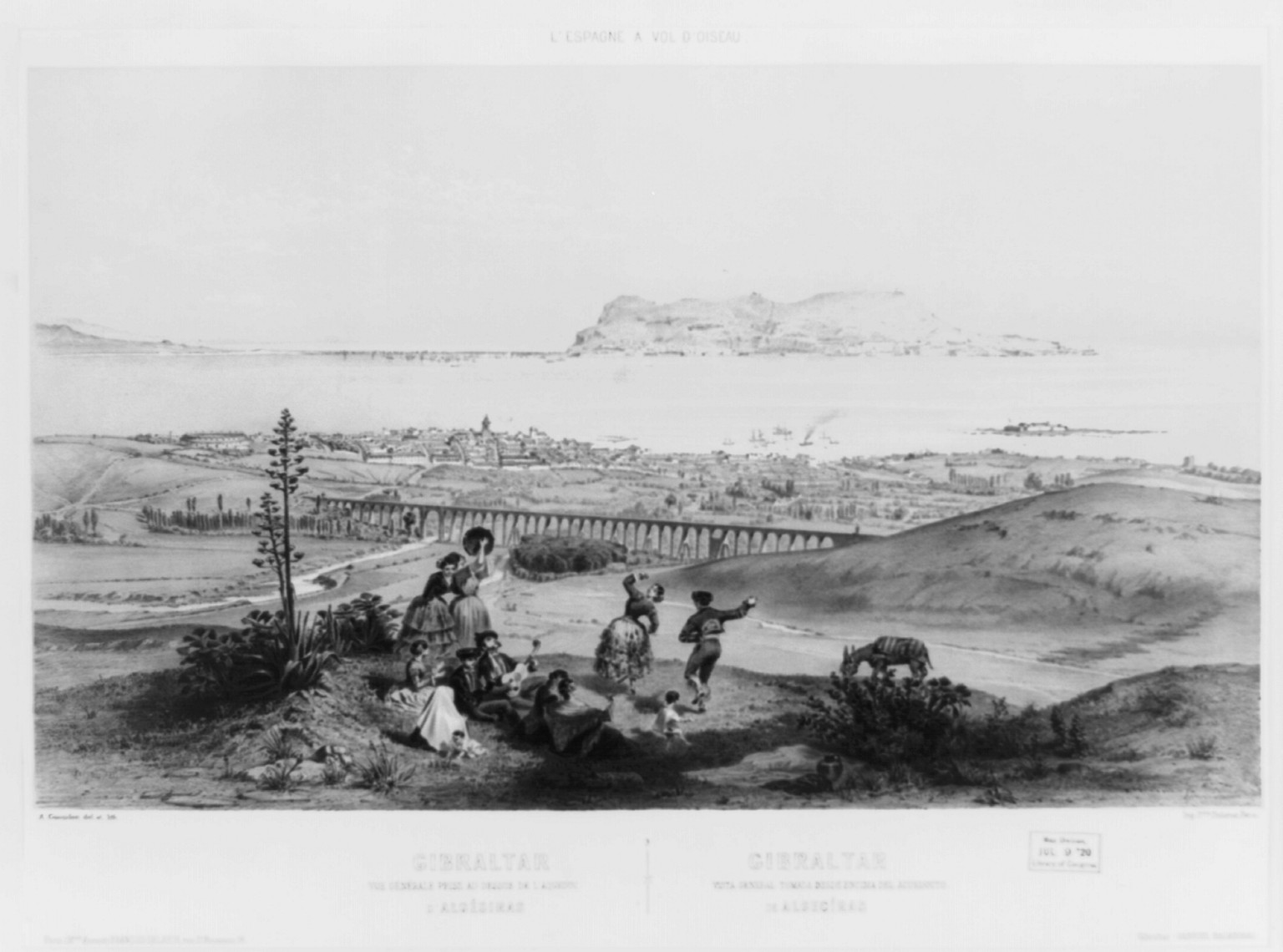 Gibraltar: Vue générale prise au-dessus de l'aqueduc d'Algésiras, Paris : François Delarue, [between 1850 and 1860] — antique lithograph