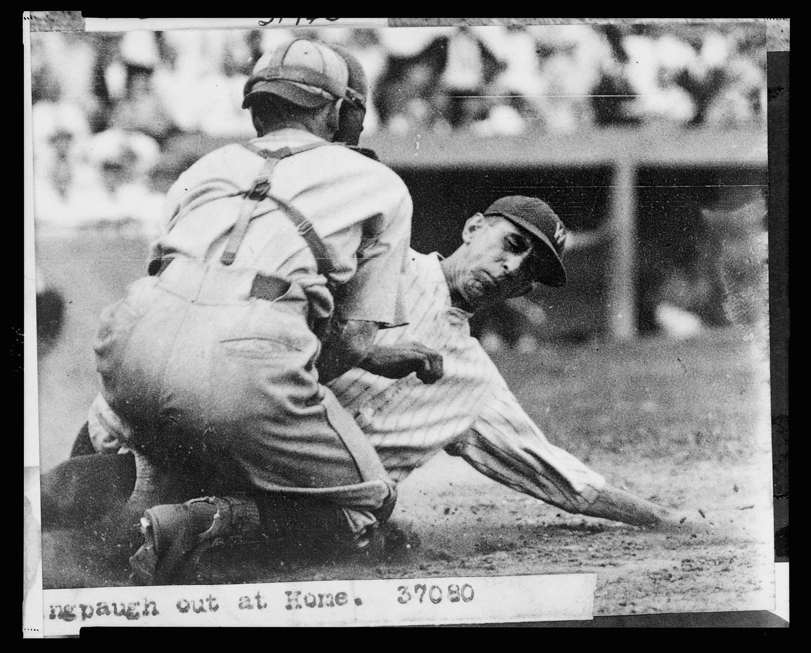 [Roger Peckinpaugh, of the Washington Nationals, tagged out at home plate during baseball game between Washington and the Philadelphia Athletics], [1924 or 1925] — historic photograph