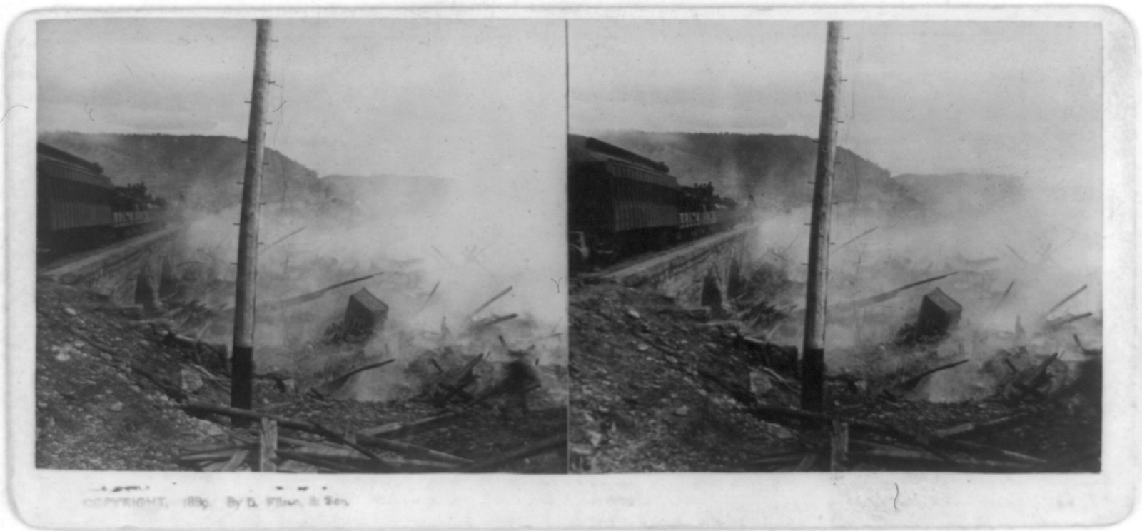 Johnstown disaster May 31 89--debris on fire at bridge / Filson & Son Photo. Steubenville O., 1889 — stereograph