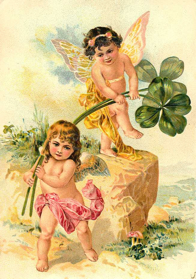 Two winged fairy children with a four-leaf clover — historic image