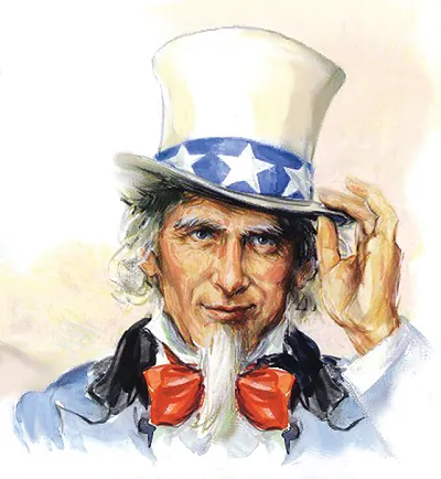 Uncle Sam illustration wearing a star-banded top hat