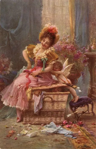 Woman with Cupid on a wicker trunk
