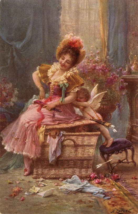 Woman with Cupid on a wicker trunk — historic image
