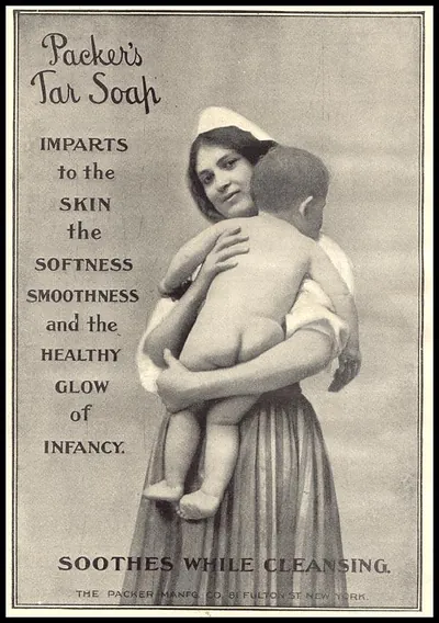 Packer's Tar Soap advertisement showing a woman holding a baby
