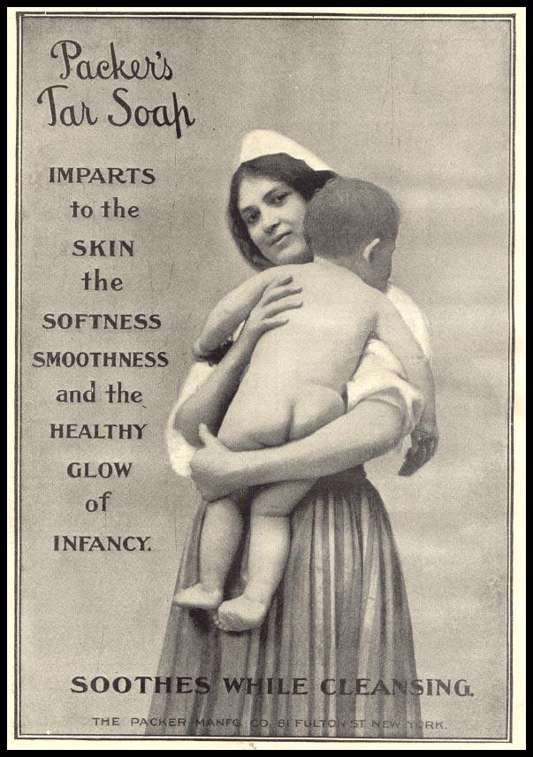 Packer's Tar Soap advertisement showing a woman holding a baby — historic image