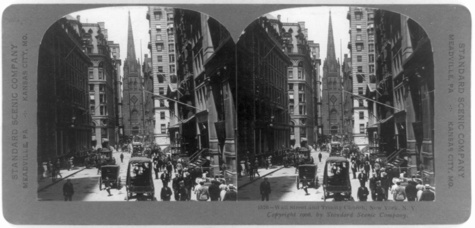 Wall Street and Trinity Church, New York, N.Y., Meadville, Pa : Standard Scenic Company, c1906. — stereograph