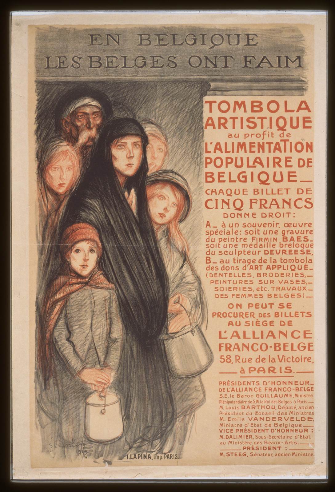 En Belgique les Belges ont faim. Tombola artistique . . ., 1915 — vintage poster