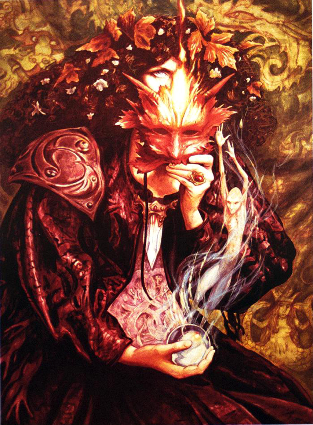 Horned masked sorcerer holding crystal ball, spirit rising — historic image