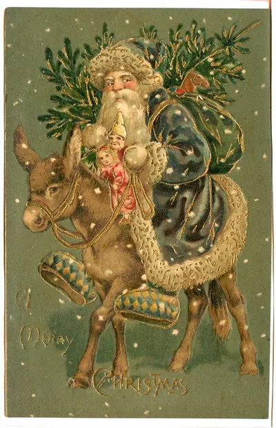 Santa on a donkey with children, Merry Christmas postcard