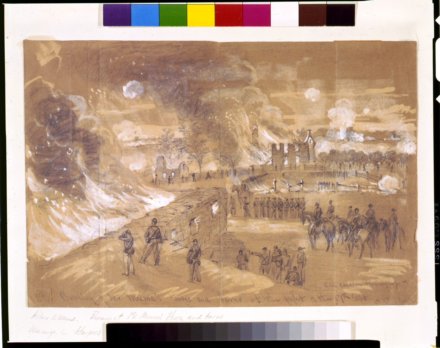 Burning of Mr. Muma's [sic] houses and barns at the fight of the 17th of Sept., [1862] September 17. — historic drawing