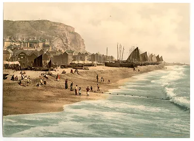 East Cliff with beach and fish market Hastings England