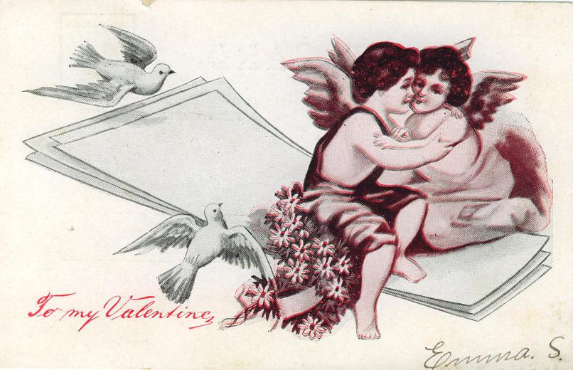 To my Valentine postcard with cherubs and doves — vintage postcard