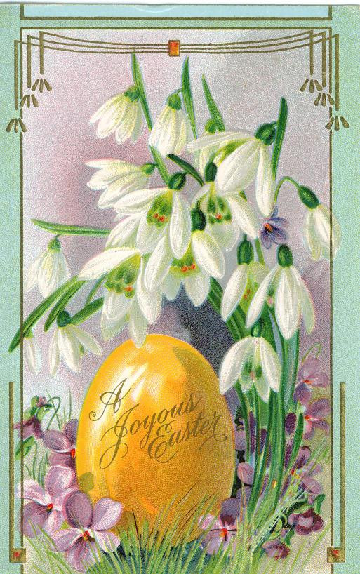 Easter greeting card with golden egg, snowdrops and violets — historic image