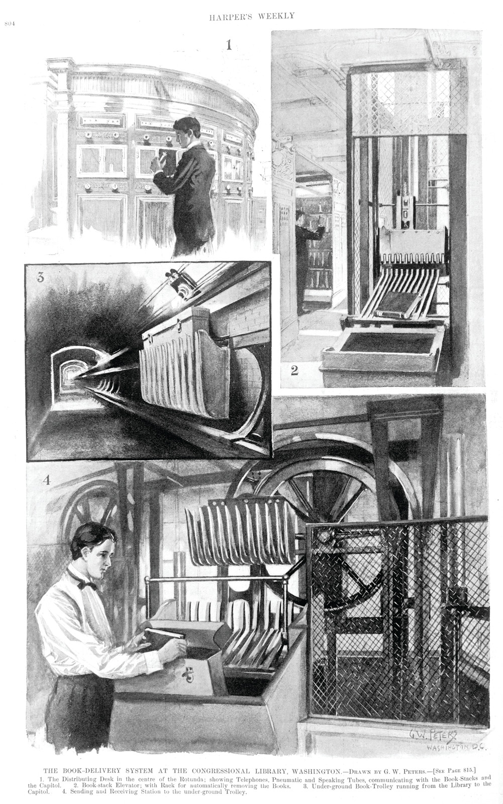 The book-delivery system at the Congressional Library, Washington / drawn by G.W. Peters, Washington, D.C., 1897 — historic print