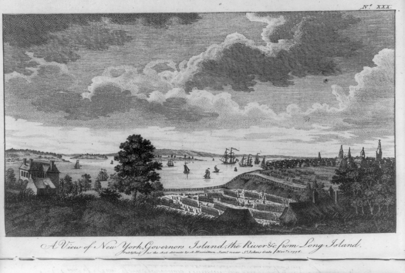 A view of New York, Governors Island, the river &c. from Long Island, [London] : Published as the Act directs by A. Hamilton Junr., near St. John's Gate, 1776 Novr. 1. — historic print