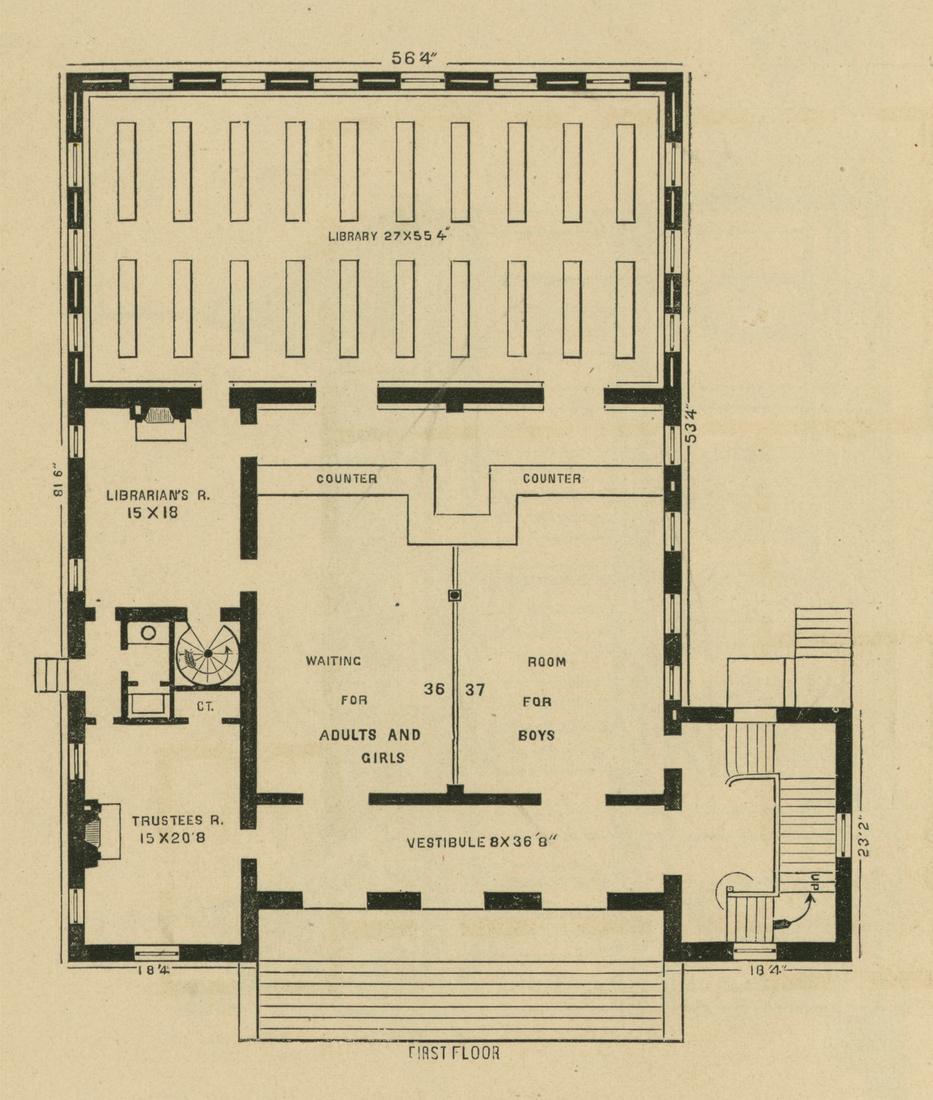 Library first floor plan showing waiting room and librarian's room — historic image